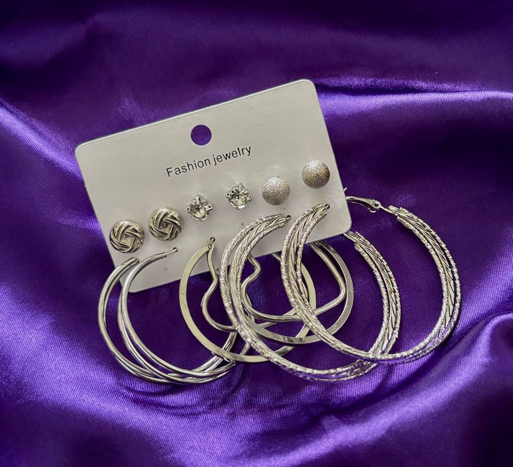 Trendy Silver Hoop & Stud Earrings Set – 6 Pair Fashion Jewellery Combo for Women
