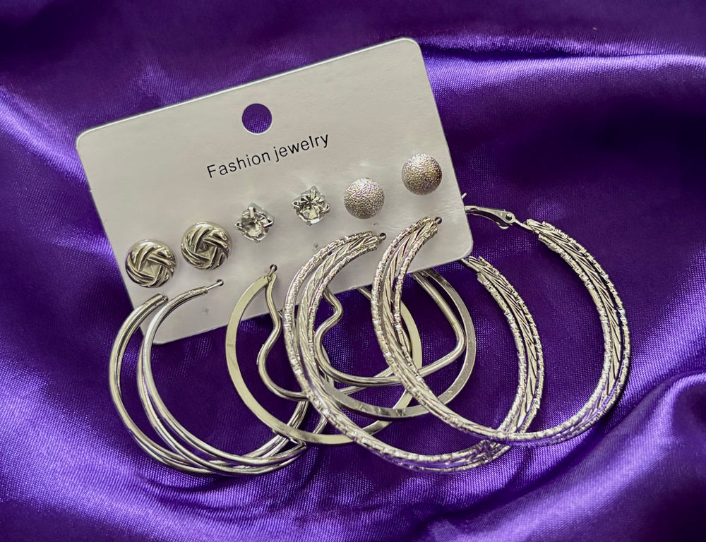 Trendy Silver Hoop & Stud Earrings Set – 6 Pair Fashion Jewellery Combo for Women