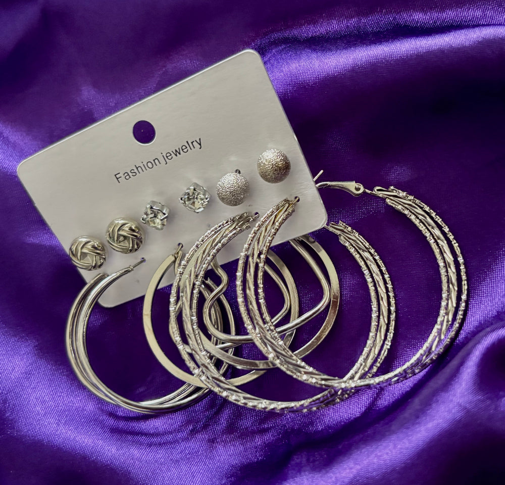 Trendy Silver Hoop & Stud Earrings Set – 6 Pair Fashion Jewellery Combo for Women