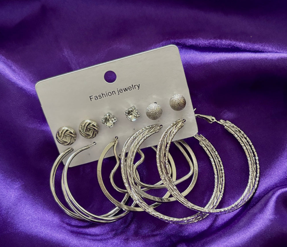 Trendy Silver Hoop & Stud Earrings Set – 6 Pair Fashion Jewellery Combo for Women