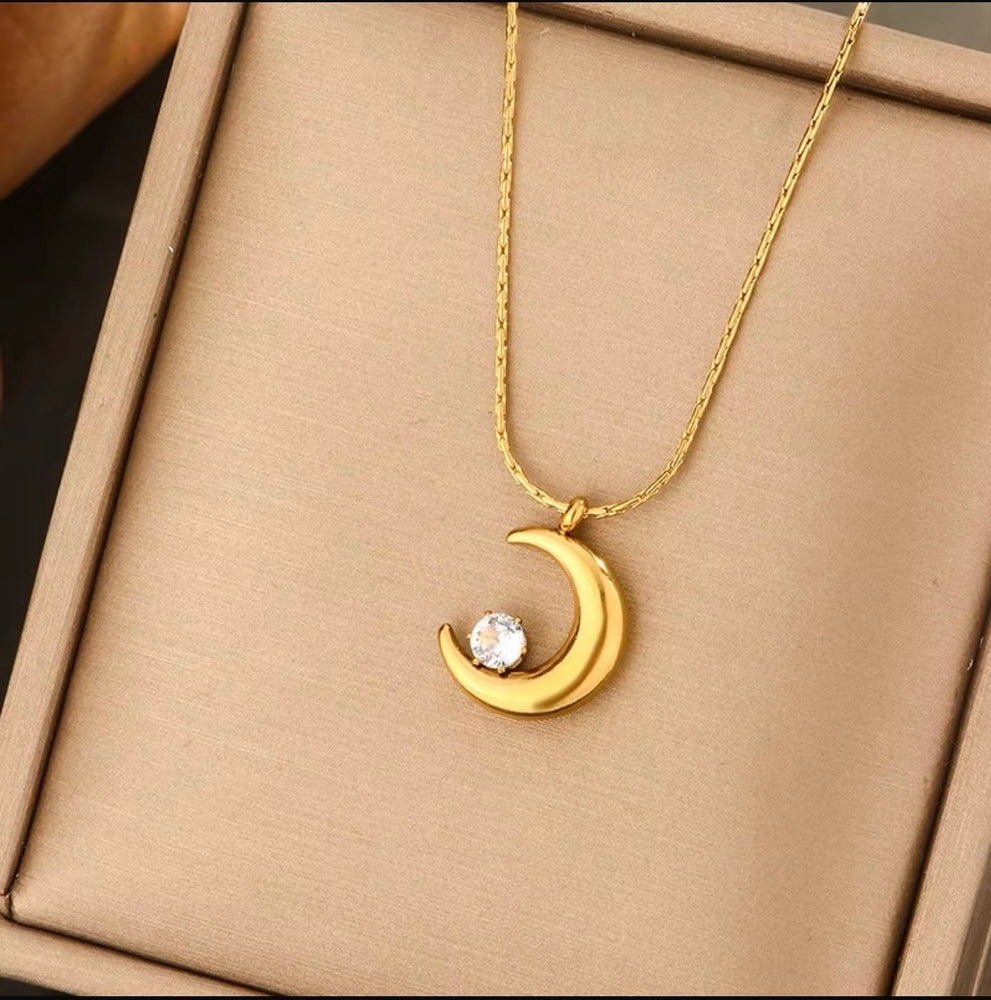 Anti Tarnish Gold Plated Moon Pendant Necklace for Women | Stainless Steel Crescent Moon Chain with Crystal | Waterproof Minimal Jewelry