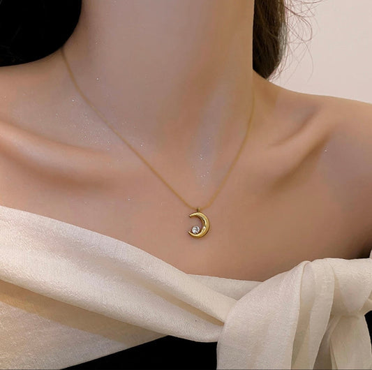 Anti Tarnish Gold Plated Moon Pendant Necklace for Women | Stainless Steel Crescent Moon Chain with Crystal | Waterproof Minimal Jewelry
