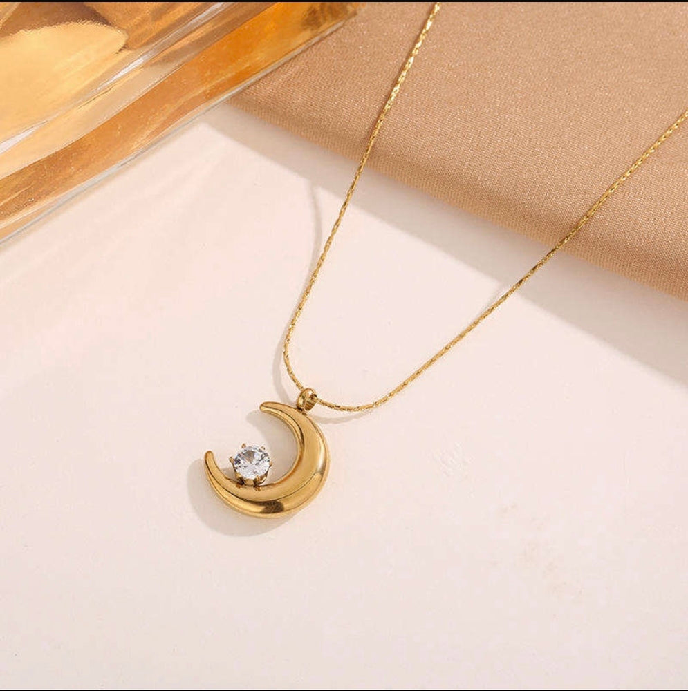 Anti Tarnish Gold Plated Moon Pendant Necklace for Women | Stainless Steel Crescent Moon Chain with Crystal | Waterproof Minimal Jewelry