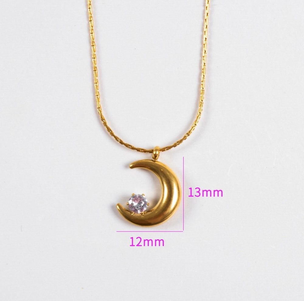 Anti Tarnish Gold Plated Moon Pendant Necklace for Women | Stainless Steel Crescent Moon Chain with Crystal | Waterproof Minimal Jewelry