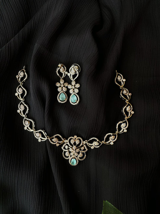 Luxury Teal Crystal & American Diamond Gold Plated Necklace Set – Designer Wedding & Party Jewellery for Women