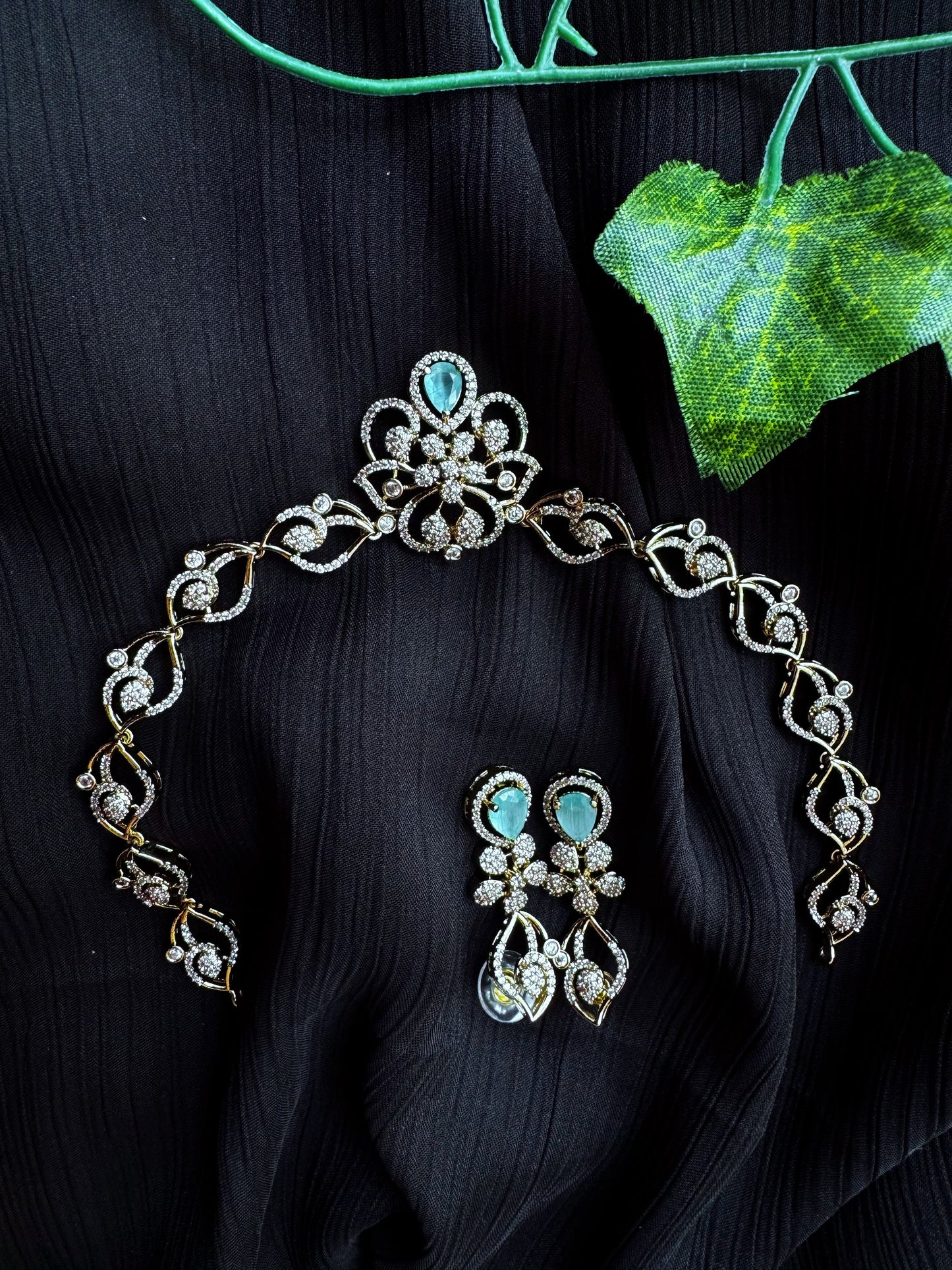 Luxury Teal Crystal & American Diamond Gold Plated Necklace Set – Designer Wedding & Party Jewellery for Women