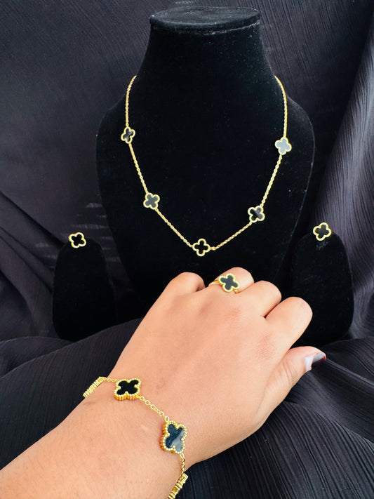 Luxury Clover Black Enamel Gold-Plated Jewellery Set for Women – Necklace, Bracelet, Ring & Stud Earrings | Anti-Tarnish Designer Set