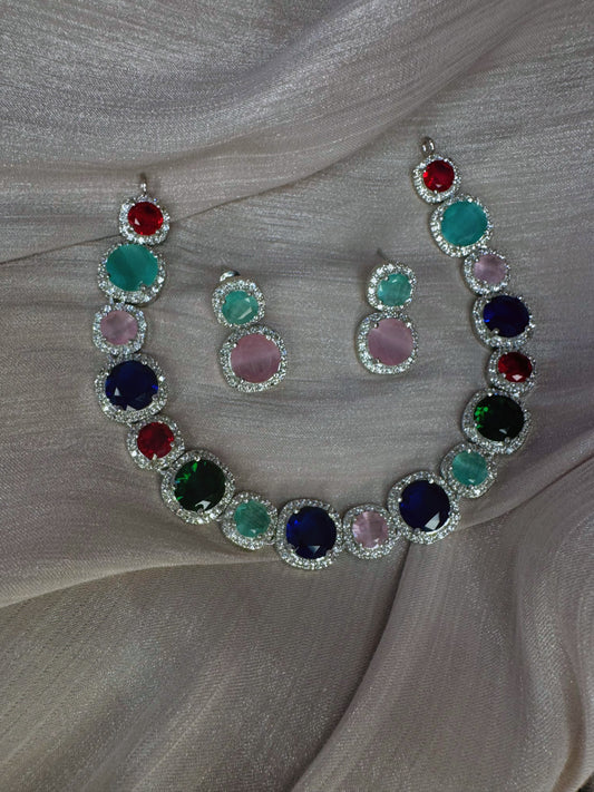 Luxury Multicolor Crystal Stone Necklace Set with Earrings – Silver Plated Party Wear Statement Jewellery for Women