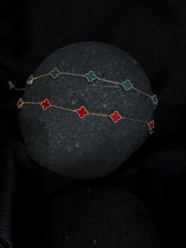 Luxury Clover Anti-Tarnish Gold Bracelet Sets for Women | Red & Green Floral Charm Bracelets - combo