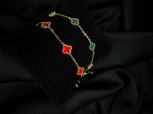Luxury Clover Anti-Tarnish Gold Bracelet Sets for Women | Red & Green Floral Charm Bracelets - combo