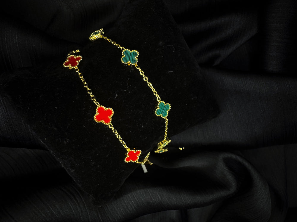 Luxury Clover Anti-Tarnish Gold Bracelet Sets for Women | Red & Green Floral Charm Bracelets - combo