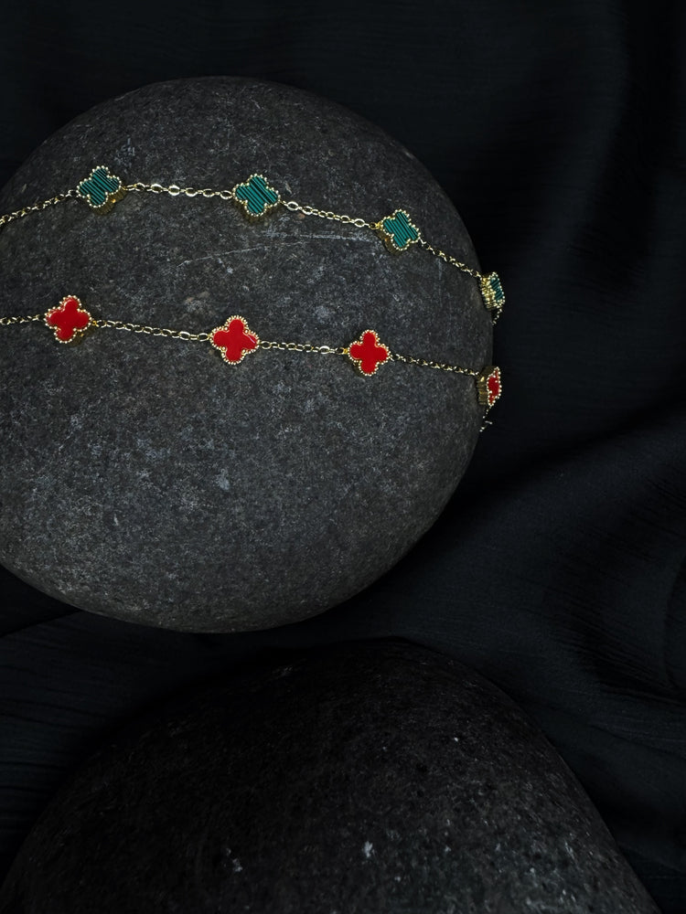 Luxury Clover Anti-Tarnish Gold Bracelet Sets for Women | Red & Green Floral Charm Bracelets - combo