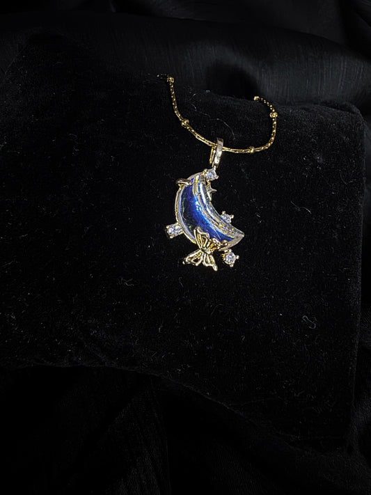 Anti-Tarnish Crescent Moon Blue Crystal Pendant Necklace – Elegant Gold Plated Celestial Jewelry