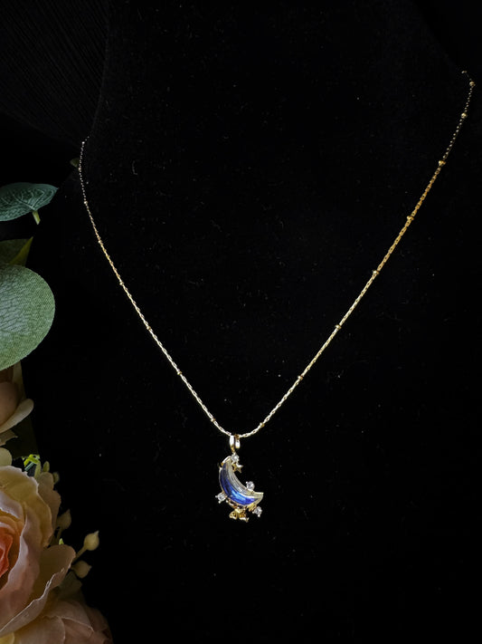 Anti-Tarnish Crescent Moon Blue Crystal Pendant Necklace – Elegant Gold Plated Celestial Jewelry
