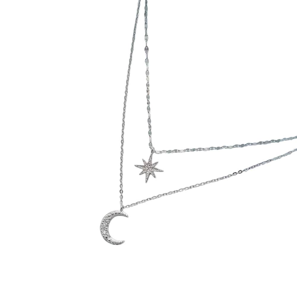 Moon & Star Layered Necklace | Silver Plated Double Chain Fancy Jewelry for Women